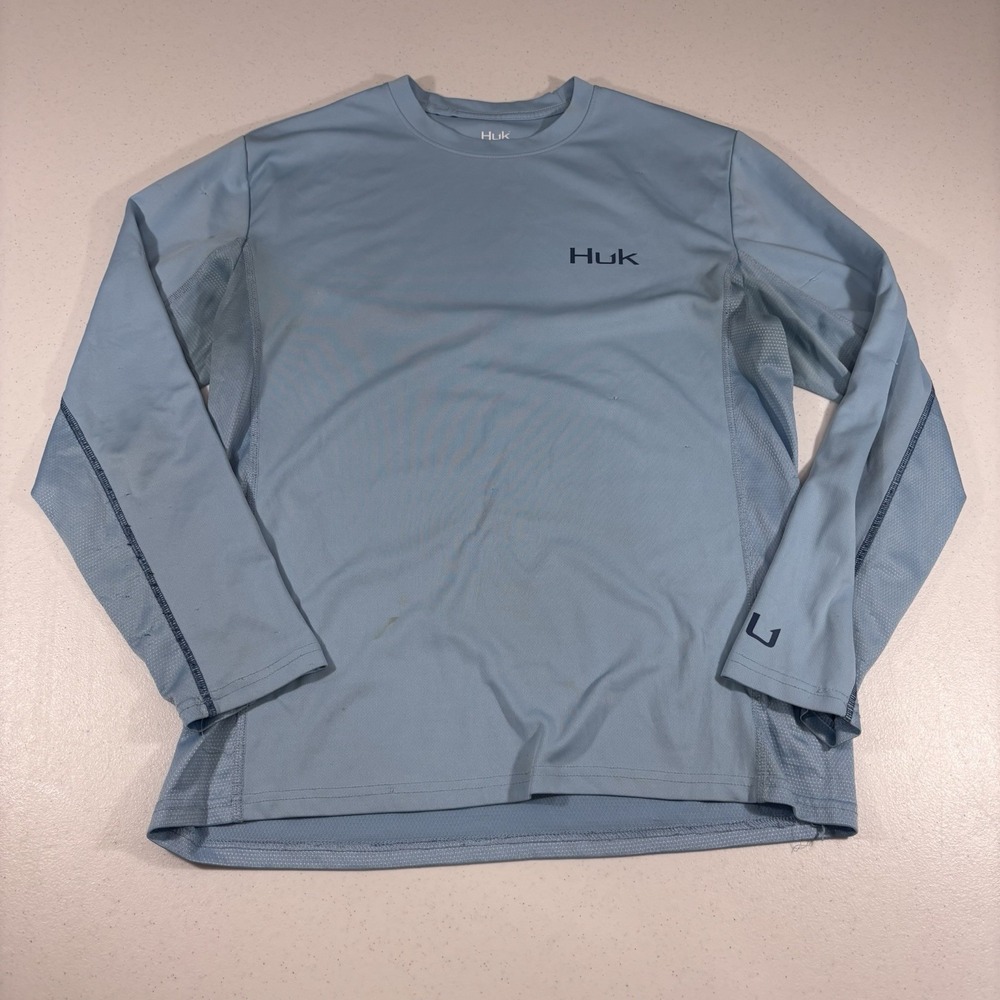 FLAWS! HUK Icon X Light Blue Solid Fishing Performance L/S Shirt Blue Size M - Picture 1 of 13